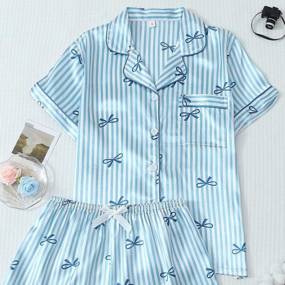 SHEIN Blue and White Striped Pajama Set